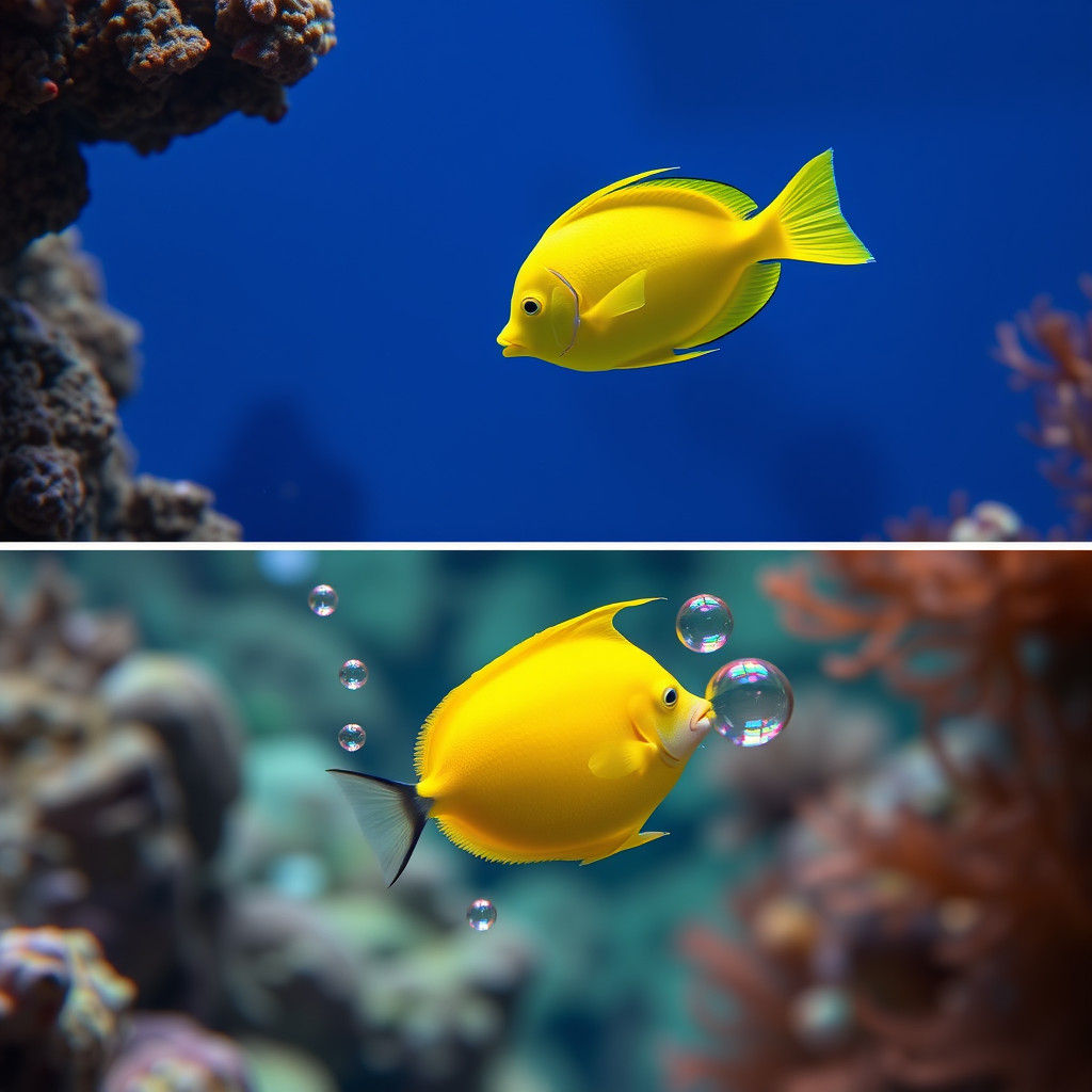 Real yellow tang swimming in ocean next to Bubbles in tank, showing similarities between them