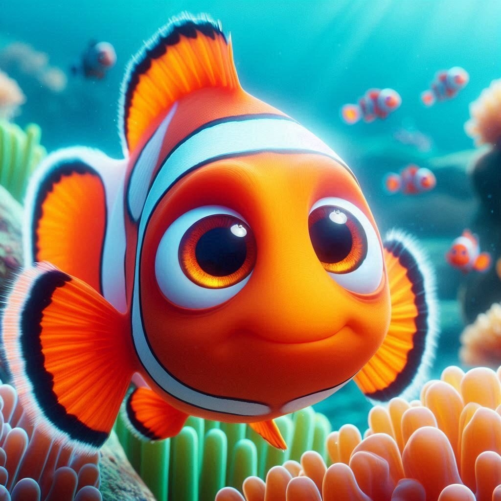 A smiling clownfish swims joyfully in the ocean, showing its charming character from Finding Nemo.