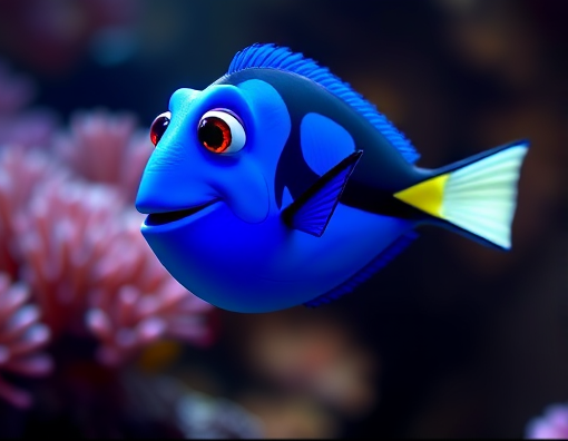 A Finding Dory wallpaper featuring a blue tang fish swimming through a colorful underwater scene.