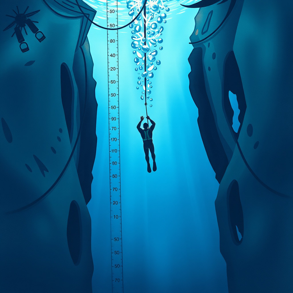 A free diver descending deep into the ocean past depth markers, symbolizing the athletes who have set world records in free diving.