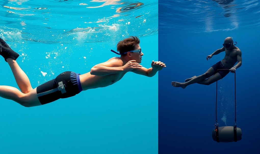 Free divers illustrating different types of free diving: constant weight, free immersion, static apnea, and no limits disciplines.