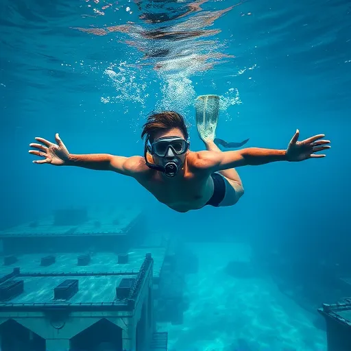 A free diver, equipped with a snorkel and fins, floats in the ocean near a sunken shipwreck, surrounded by clear blue water