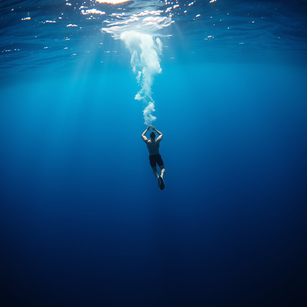 Free diver descending into deep ocean depths, showcasing human endurance and exploration of the sea.