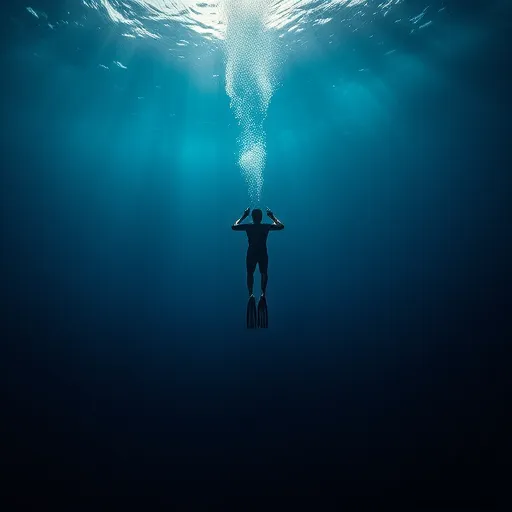 A free diver floats in the ocean, releasing a bubble from his mouth as he enjoys the underwater serenity.