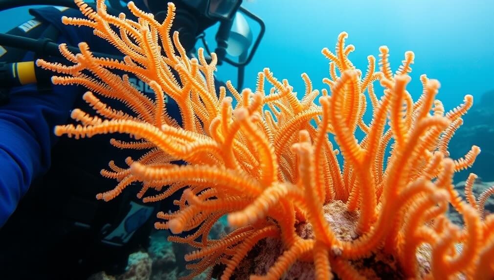 A diver snaps a picture of a bright orange sea fan, highlighting the resilience of gorgonians amid climate change challenges.