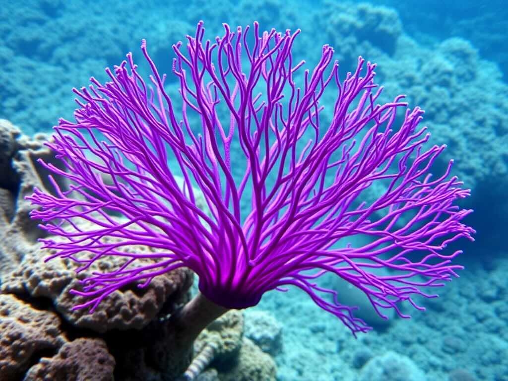 A bright purple sea fan coral swaying gently in the ocean, a colorful gorgonian, showcasing its unique fan-like shape.