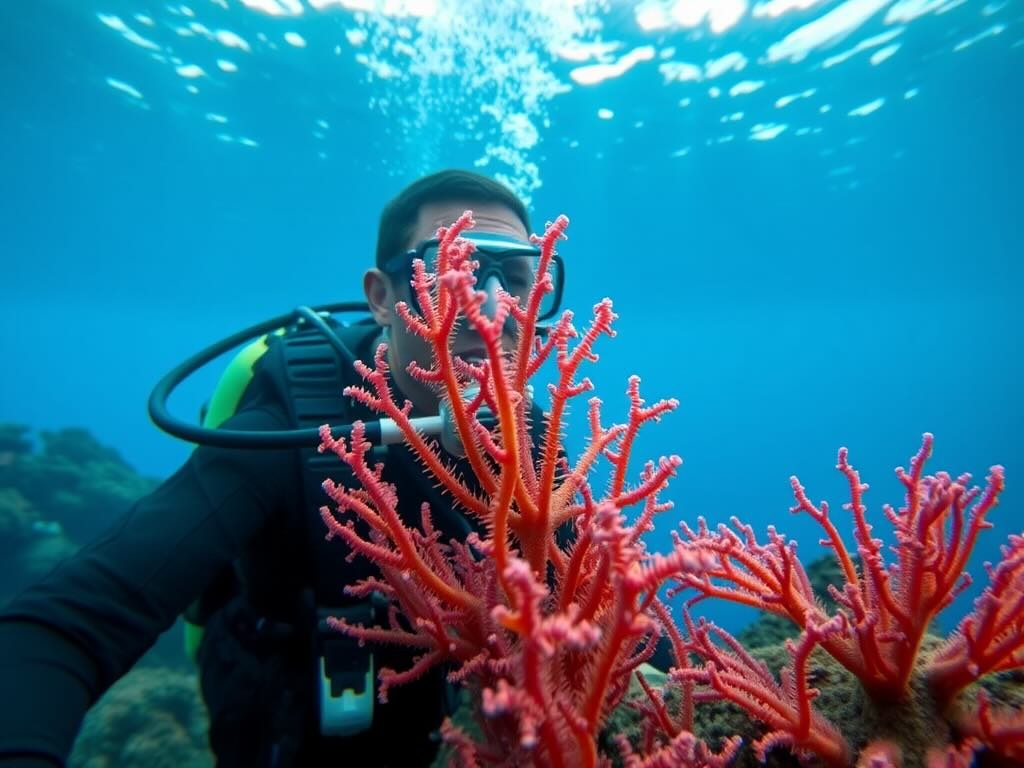 A scuba diver explores Gorgonians -colorful sea fans in the ocean, showcasing the beauty of marine life and coral ecosystems.