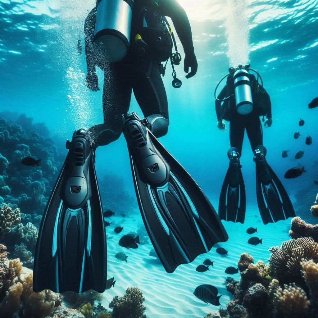 Two divers equipped with fins, use them to navigate effortlessly, highlighting the importance of comfort in diving gear.