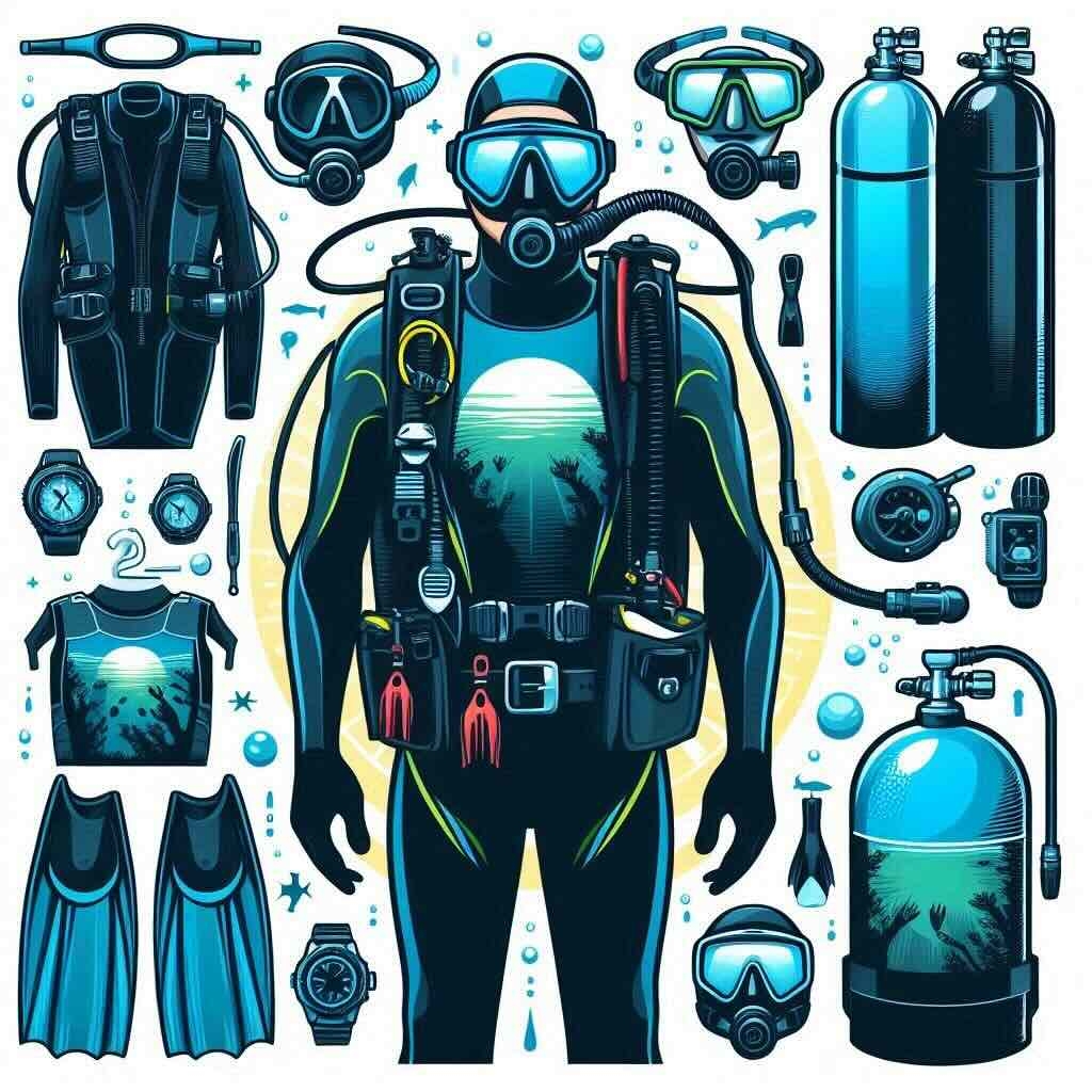 A complete scuba diving gear set is displayed on a diver, featuring a mask, scuba tank, BCD, wetsuit, fins, and more.