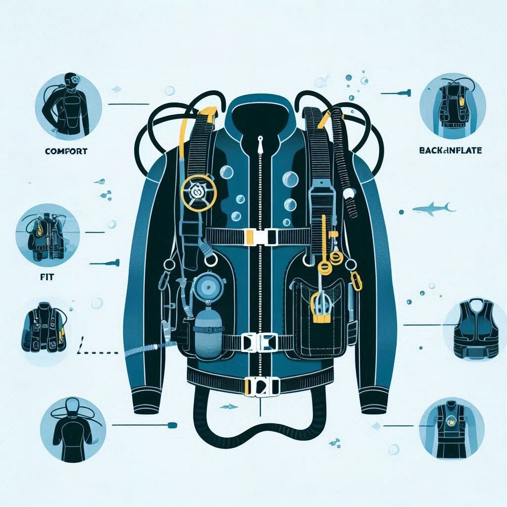 Illustration of Buoyancy Control Device (BCD), and its essential features for diving comfort and functionality.