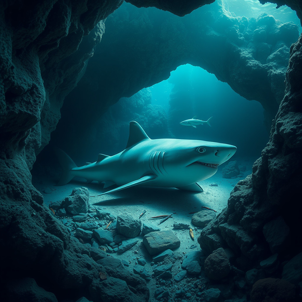 Shark resting inside an underwater cave on the ocean floor