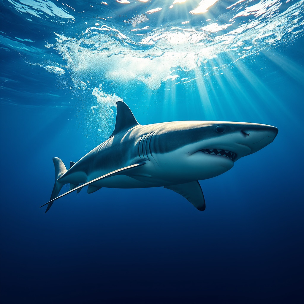 Shark gliding effortlessly through the ocean, resting while swimming