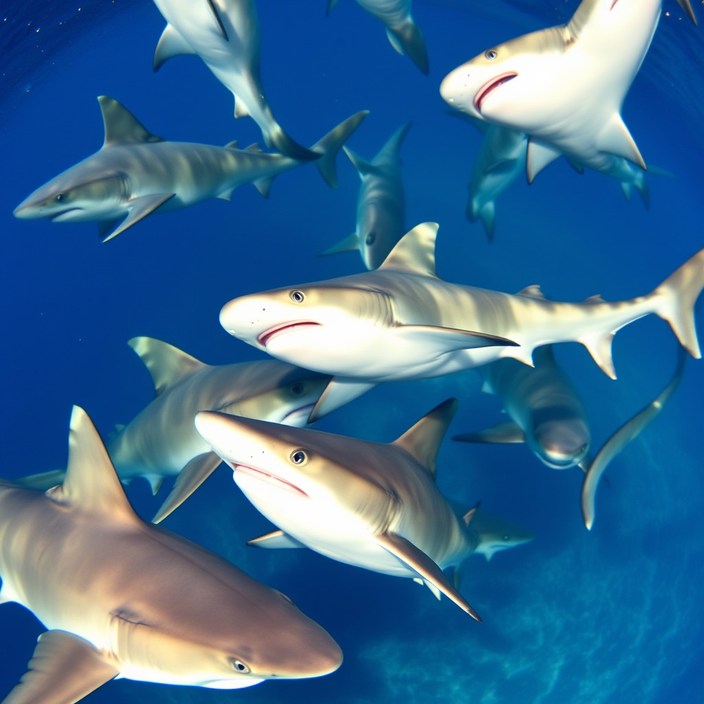 Group of sharks swimming together, possibly resting in the ocean