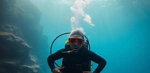 A man in a scuba suit and snorkel explores the underwater world, surrounded by colorful fish and coral.