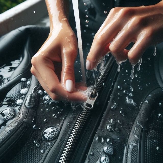 A person rinses a black wetsuit with water, demonstrating the process of washing zippers to remove accumulated sea salt