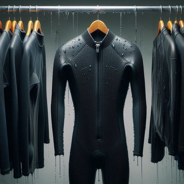 A freshly cleaned black wetsuit hangs from a clothing rack alongside other wet clothes. Water droplets falling.