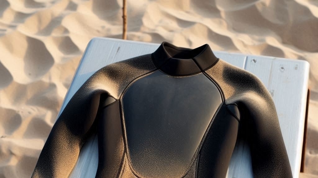 A wetsuit neatly arranged on a wooden bench, showcasing a layer of dust on its surface against a sandy backdrop