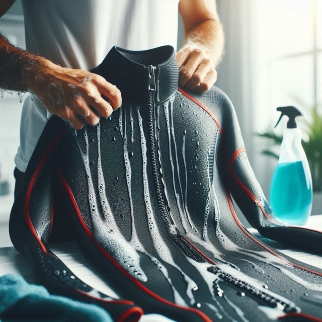 A man scrubs a wetsuit with unscented soap, making sure it’s clean and ready for the next dive.