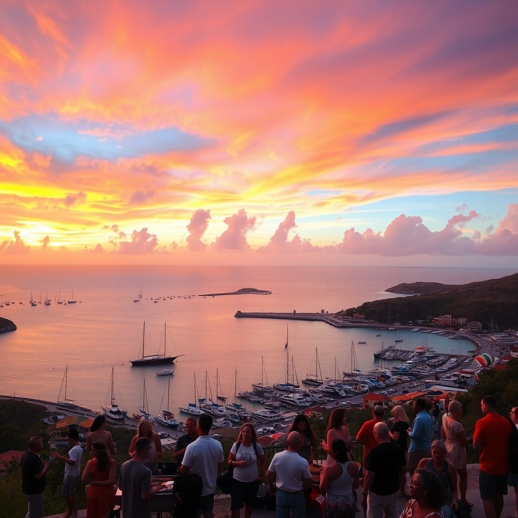 Sunset from Shirley Heights in Antigua overlooking English Harbour with people enjoying music and BBQ