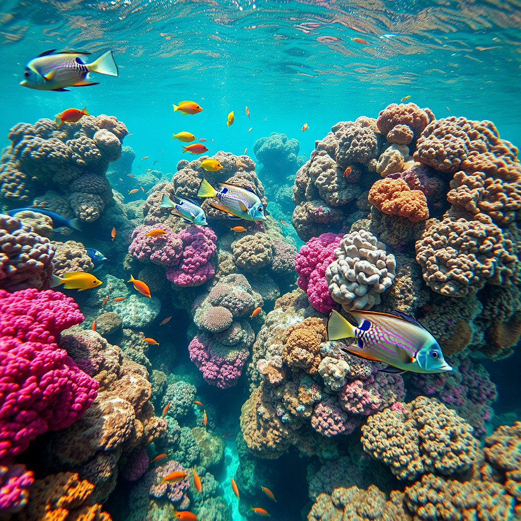 Underwater view of Cades Reef in Antigua with vibrant corals and colorful tropical fish in clear waters