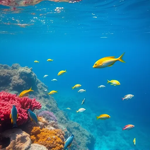 Colorful fish swim among a vibrant coral reef in Antigua, illustrating the diverse marine life found in this tropical location.