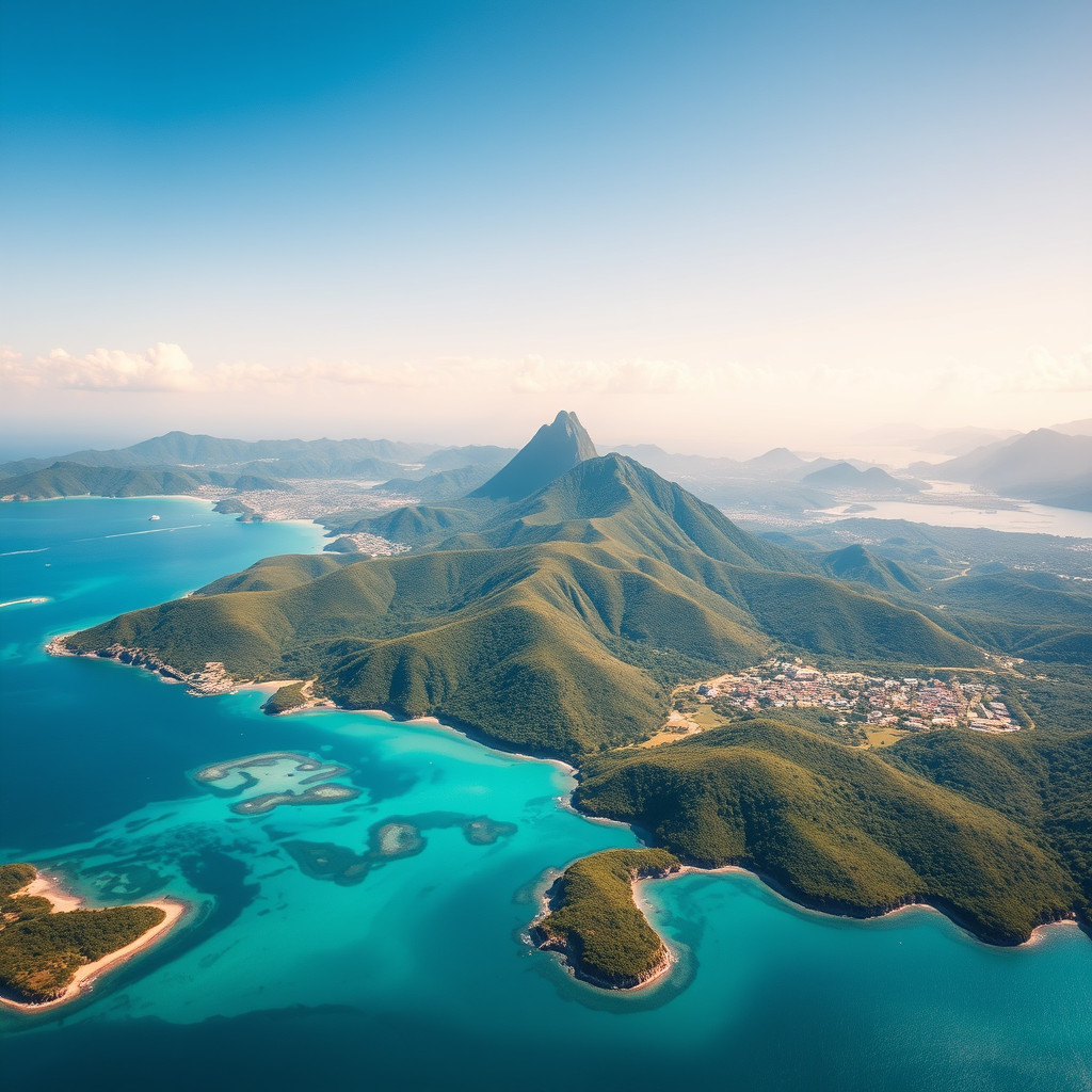 Aerial view of Antigua's lush hills, Mount Obama, and coastlines with bays under sunny skies