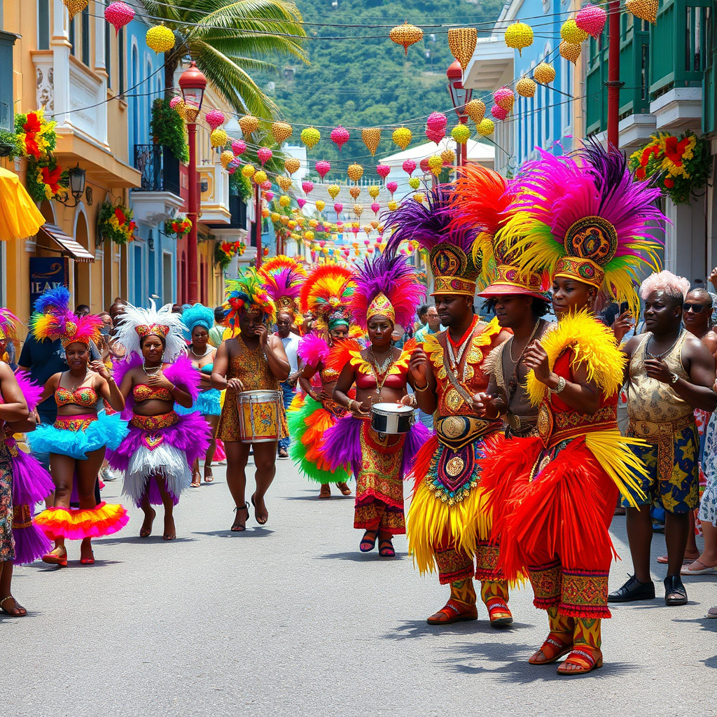 People in vibrant costumes dancing during Antigua Carnival in St. John's with festive atmosphere