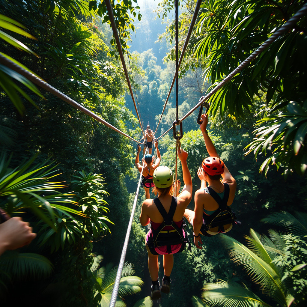 People zip-lining through Antigua's lush rainforest canopy with sunlight filtering through trees