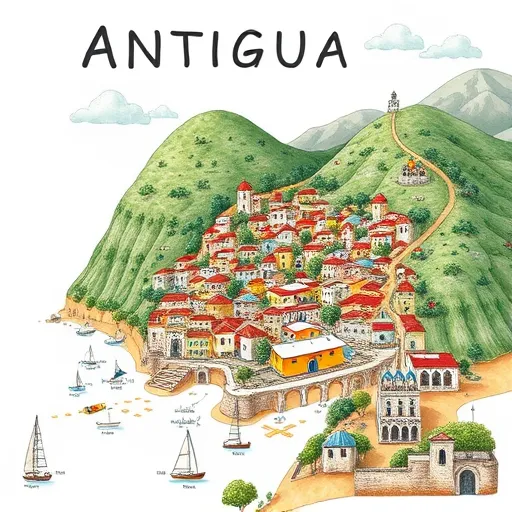 An illustrated map of Antigua highlighting hidden gems, dive sites, beaches, and colorful villages