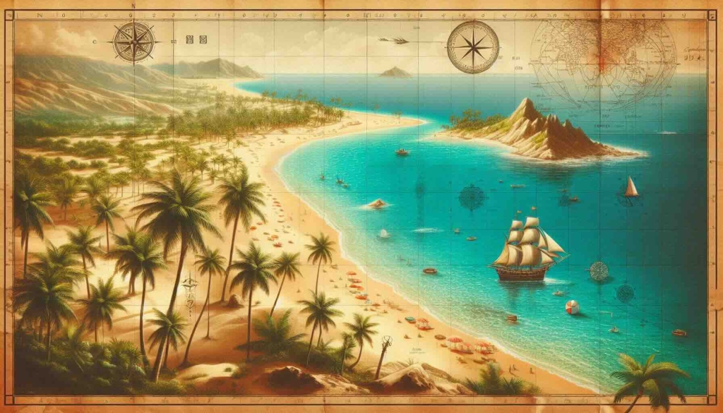  A symbolic painting of a tropical island with clear waters, sandy beaches, palm trees, a ship, and a detailed paper map.