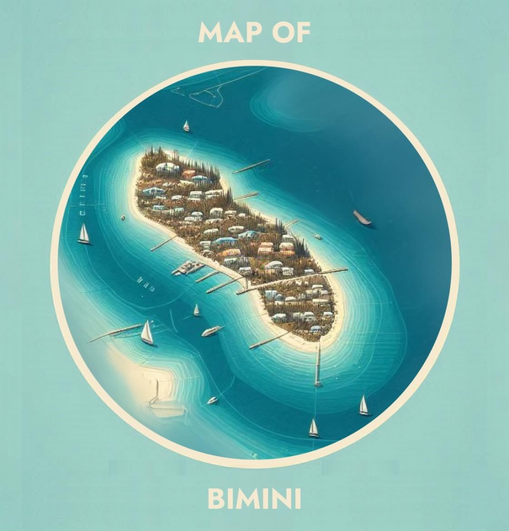 Illustrated map of Bimini, Bahamas, featuring the crystal clear waters and charming view of the stunning island chain.