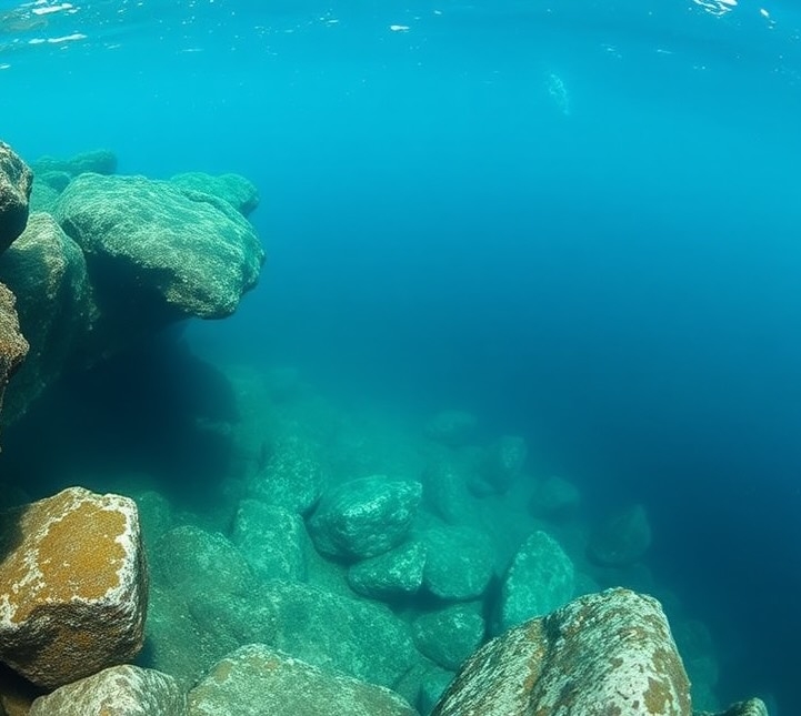 Underwater view at Bimini Wall, revealing stunning rocks and the ocean above, creating a captivating marine scene.