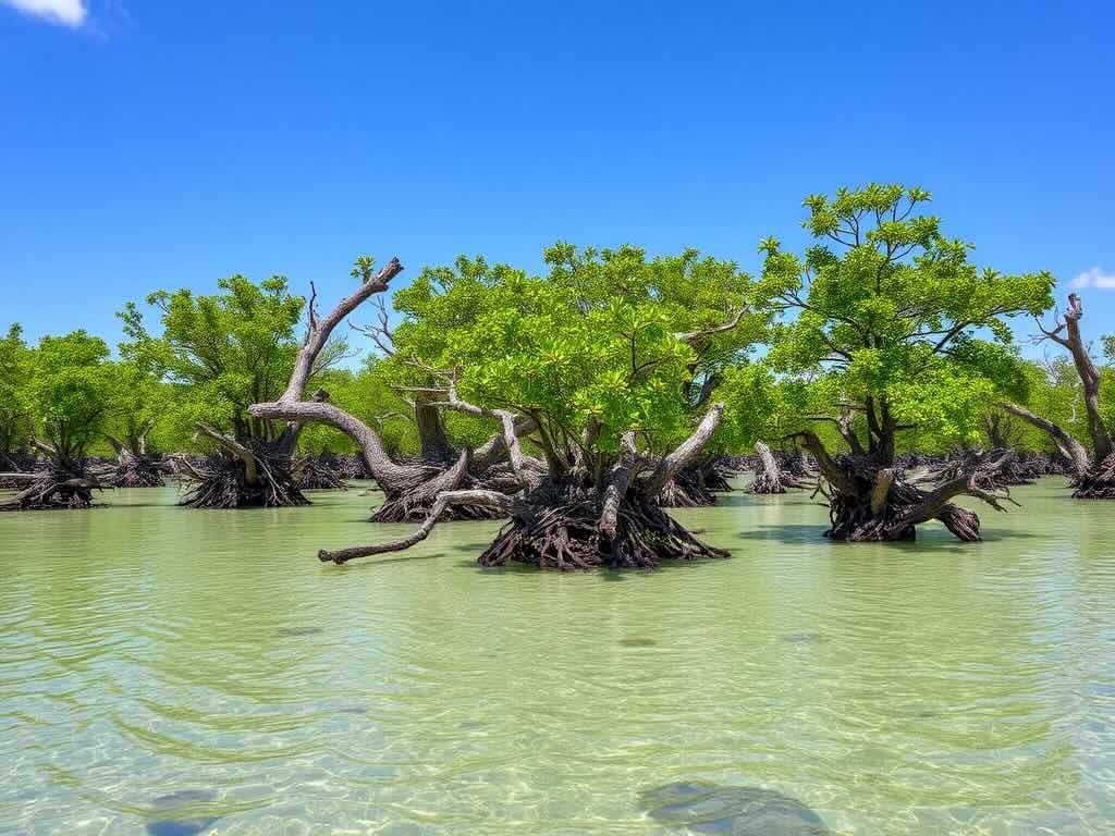 A scenic view of Mangrove forests in Bimini, Bahamas, mangrove trees thriving in water, with a stunning blue sky above.