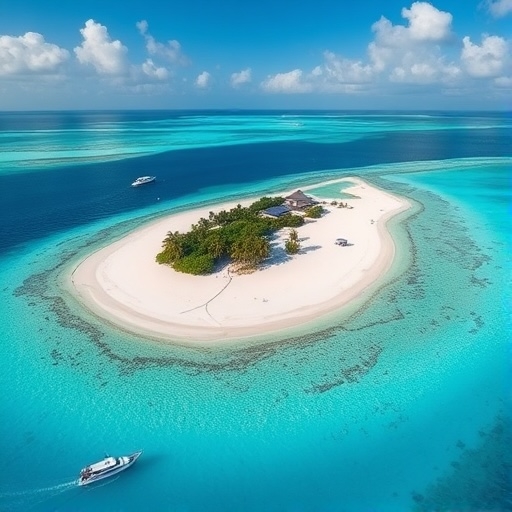 A picturesque view of a tranquil island in the Bimini Islands, Bahamas, featuring its clear turquoise waters.