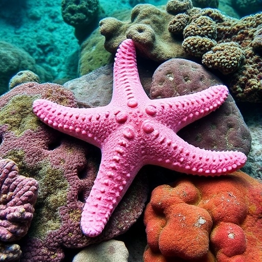 A bright pink starfish rests on a colorful coral reef, showcasing the beauty of marine life.