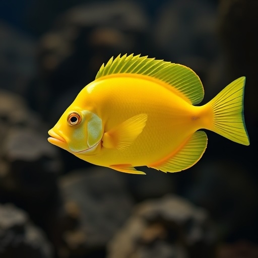 A lively yellow tang fish swims in a clear water, showcasing its bright color and unique movement.