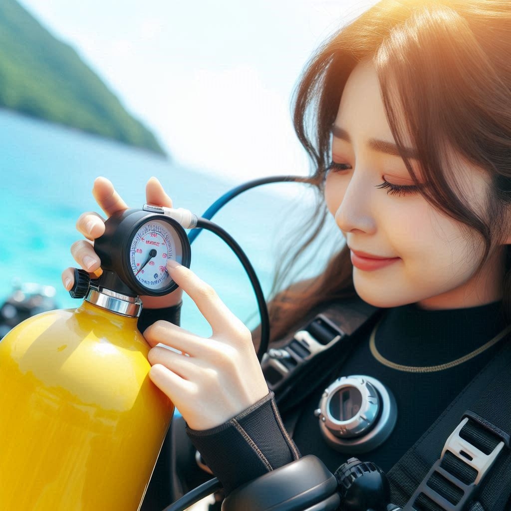 A woman in a scuba suit holds a yellow gas tank, ensuring her equipment is ready for a safe diving experience.