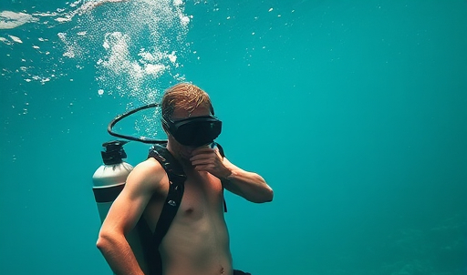 A naked scuba diver fully equipped with the scuba diving gear. Discovering the clear water.