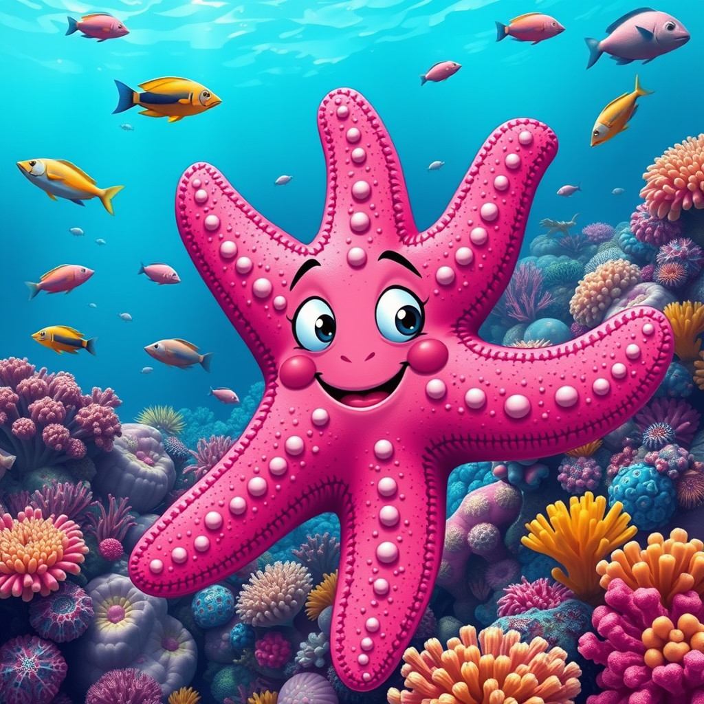 A sassy pink starfish with attitude in a colorful coral reef underwater