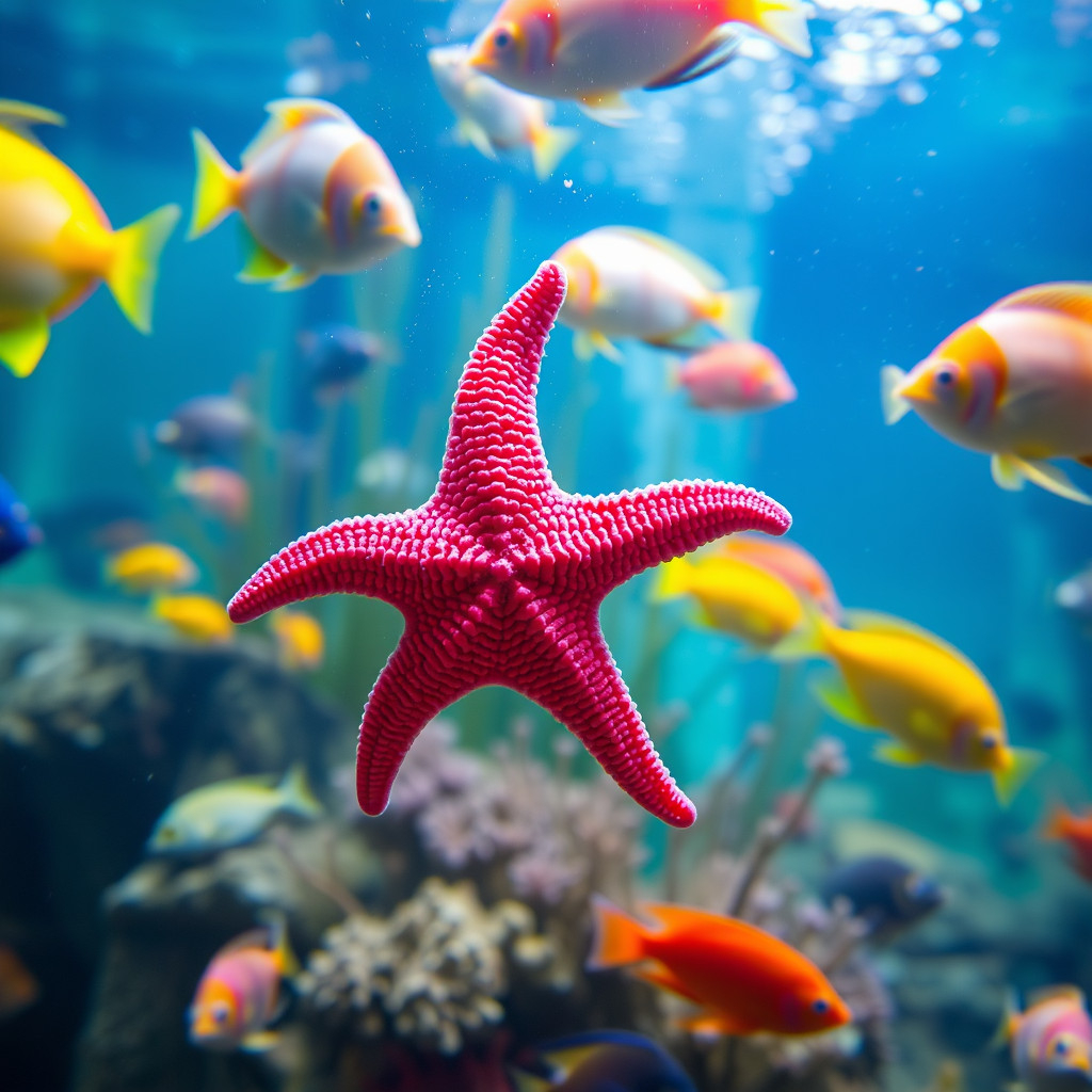 An underwater view of a pink-red starfish attached to aquarium glass with tropical fish around.