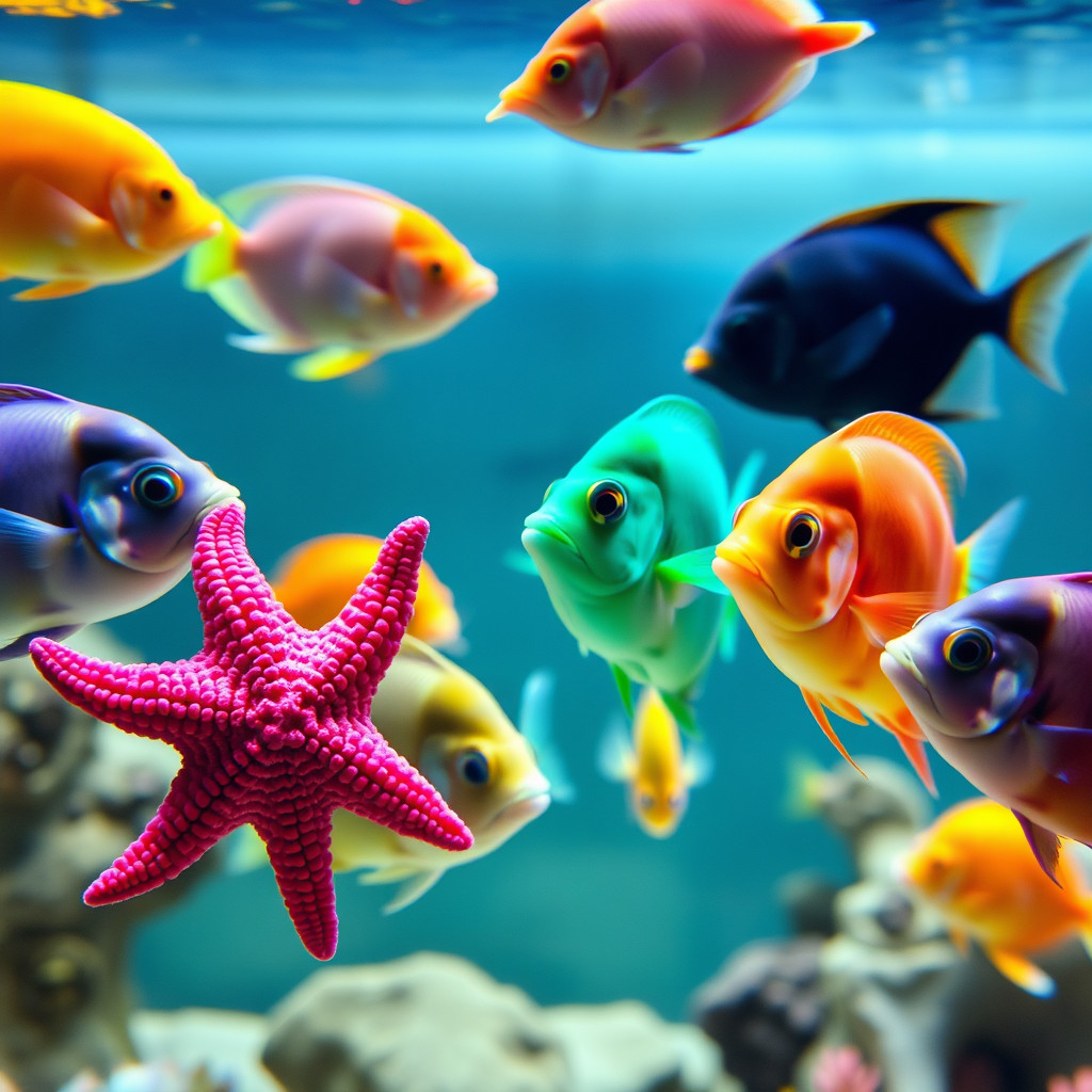 A group of vibrant aquarium fish and a pink-red starfish interacting inside a tank.