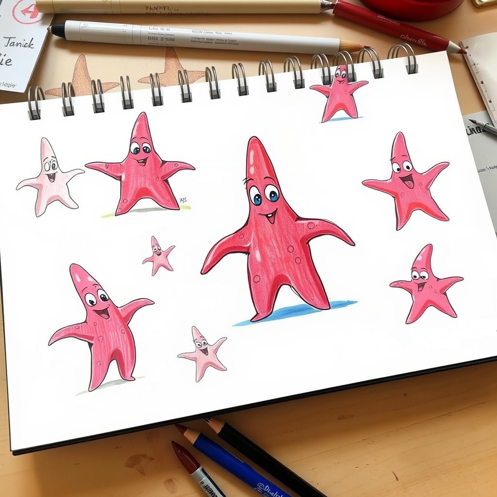 Sketches of a pink-red starfish character in different expressive poses in an artist's notebook.