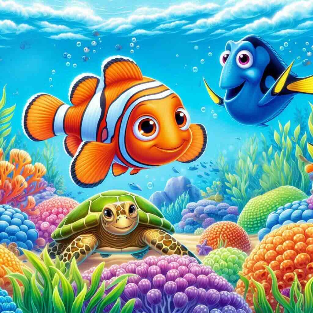  Colorful underwater scene featuring Finding Nemo characters such as Nemo, Blue Tang and Crush swimming together.