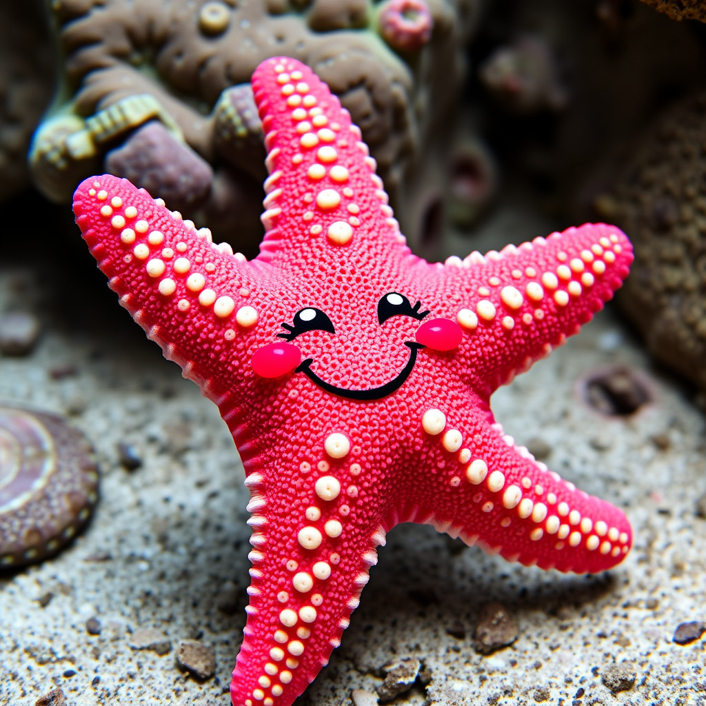 A smiling pink-red starfish displaying charm and wit in an underwater scene.