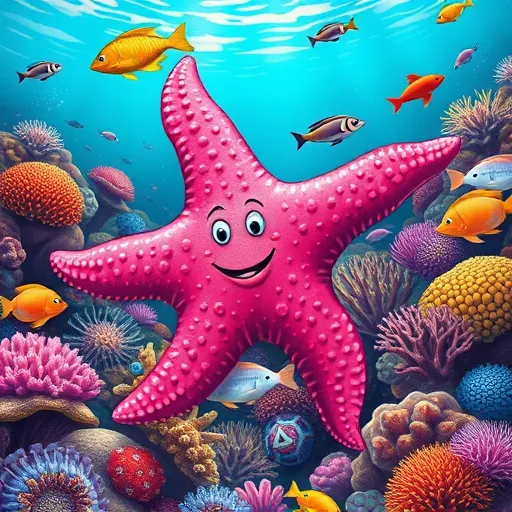 A playful pink starfish in Finding Nemo with an array of colorful fish swimming around it in an underwater environment