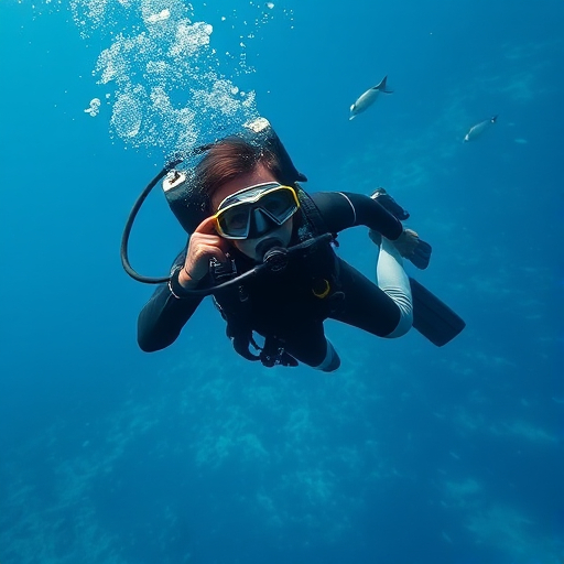 A scuba diver wearing a mask, surrounded by the beauty of the ocean depths.