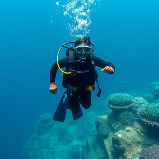 Underwater scene featuring a diver in a full scuba suit and mask, ascending safely deep into the ocean.