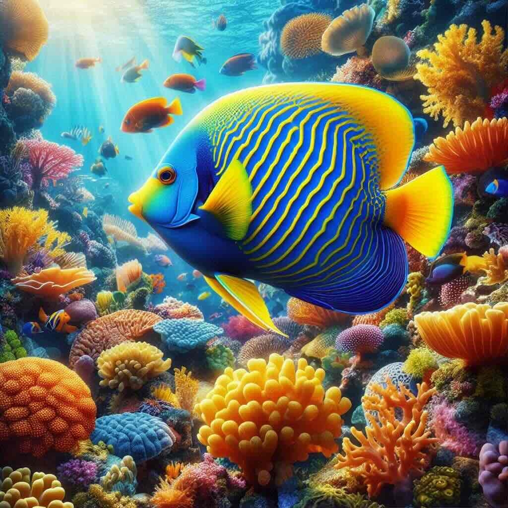 A lively underwater environment with a saltwater angelfish, highlighting its vivid blue and yellow hues.