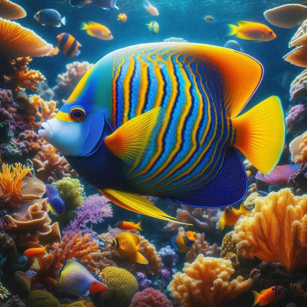 A saltwater angelfish swims gracefully in the ocean,  its vivid blue and yellow body contrasting with the coral reefs.