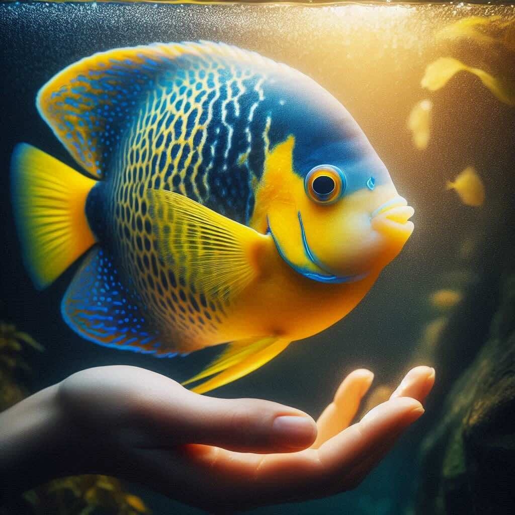 A person has just fed the saltwater angelfish, emphasizing its vibrant colors and the joy of marine life.